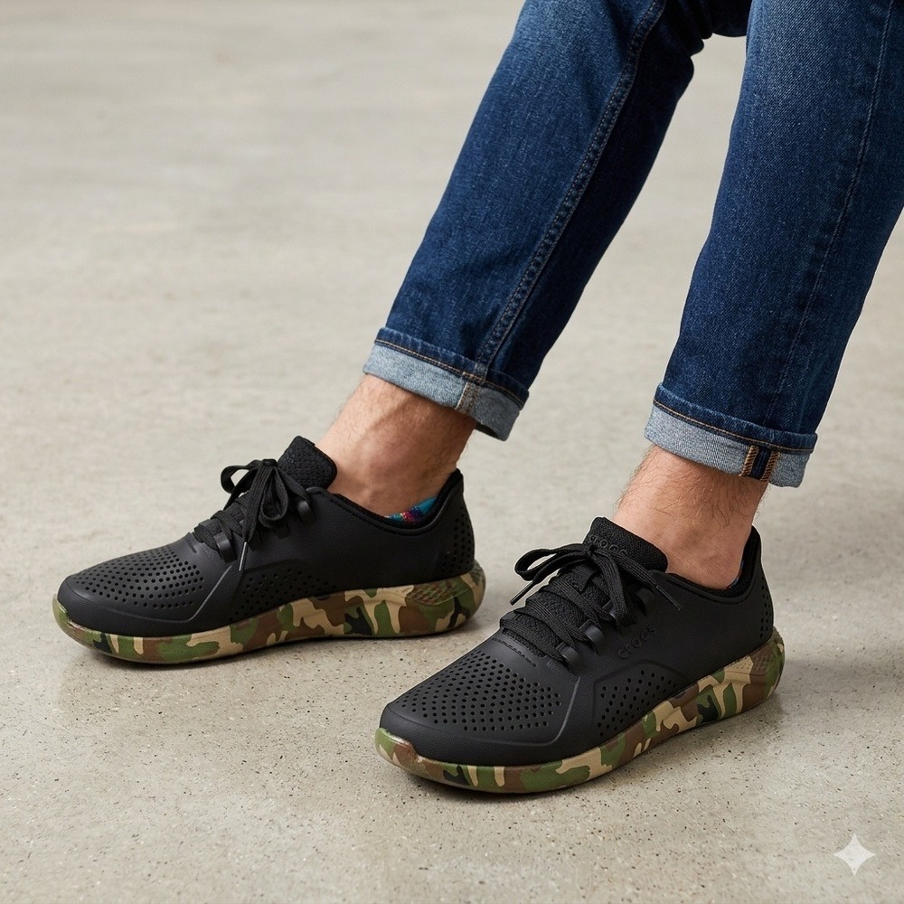 Crocs LiteRide Pacer Mens Size 10 Black Camo Excellent Camouflage Sneakers